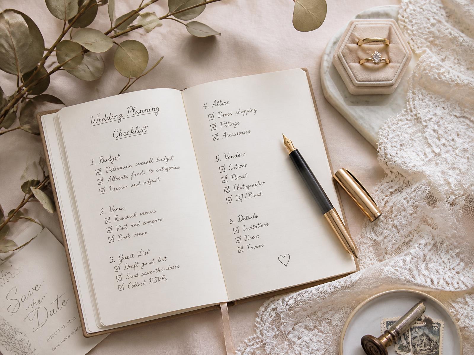 Checklist de planejamento de casamento com convites elegantes, alianças de ouro e caderno de anotações sobre mesa de mármore