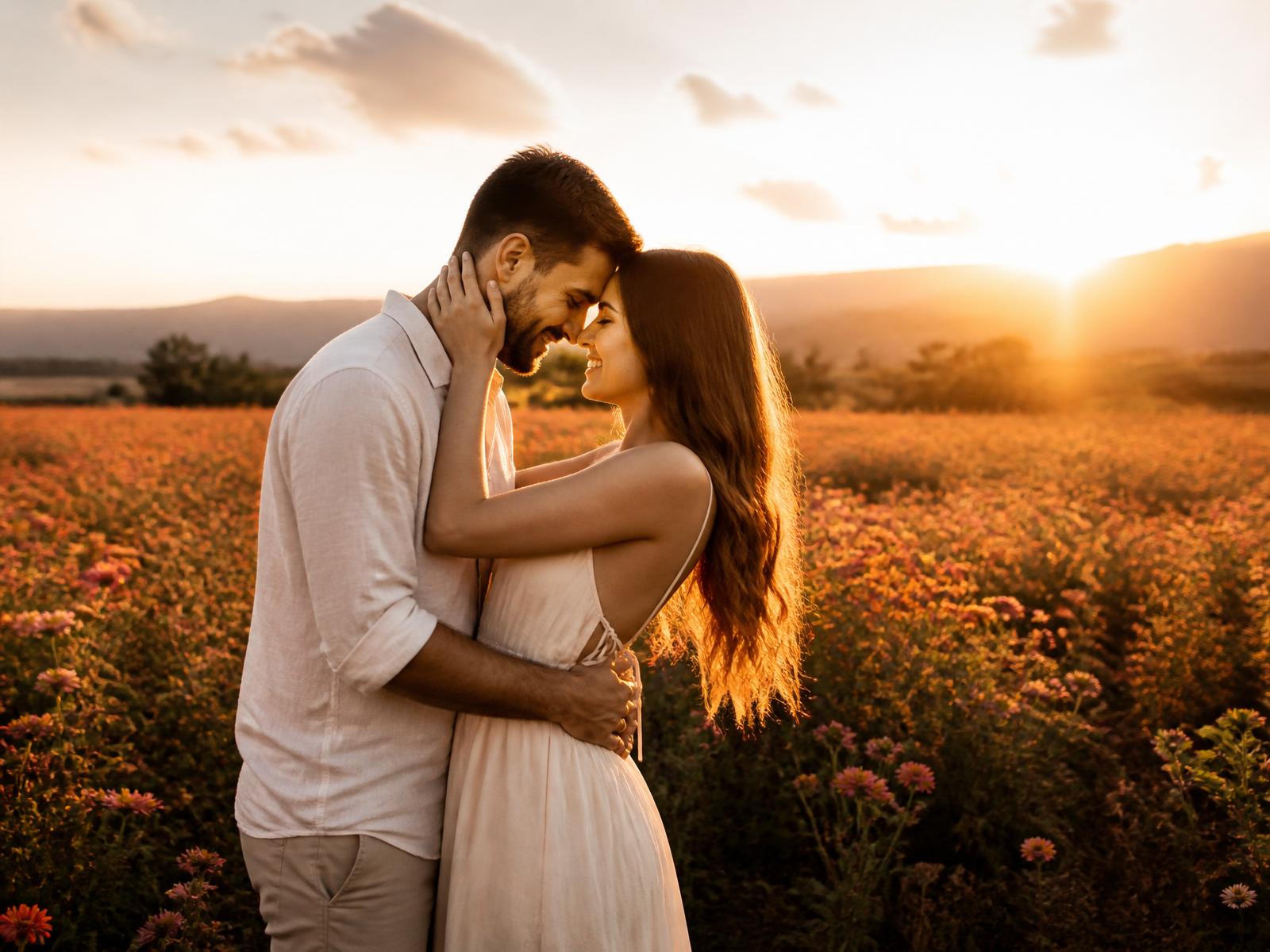 Casal apaixonado em ensaio pré wedding ao pôr do sol em campo de flores dourado em Minas Gerais