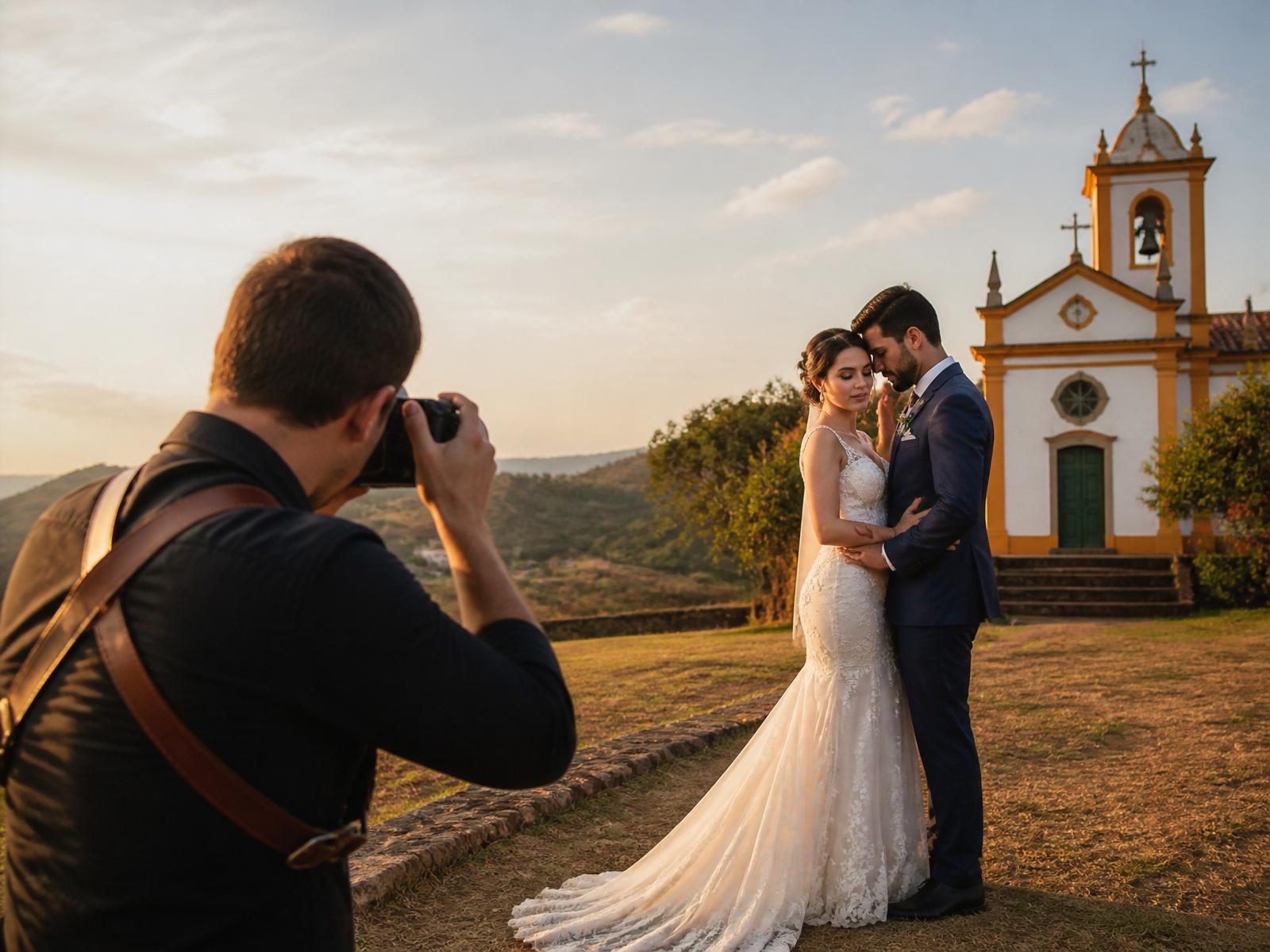 Fotógrafo de casamento profissional em capela histórica de Minas Gerais registrando cerimônia dos noivos ao entardecer