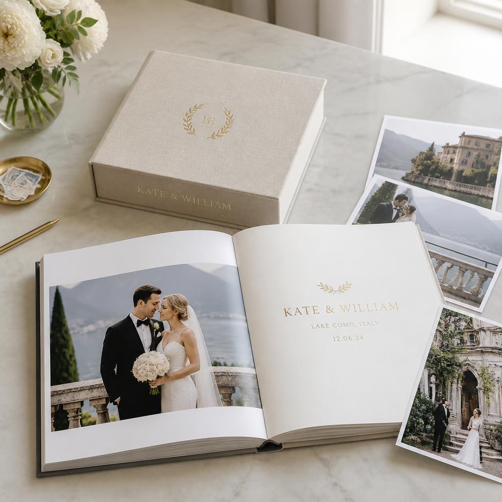 Álbum de casamento fine art com capa em linho bege e detalhes em ouro sobre mesa de mármore com fotografias impressas