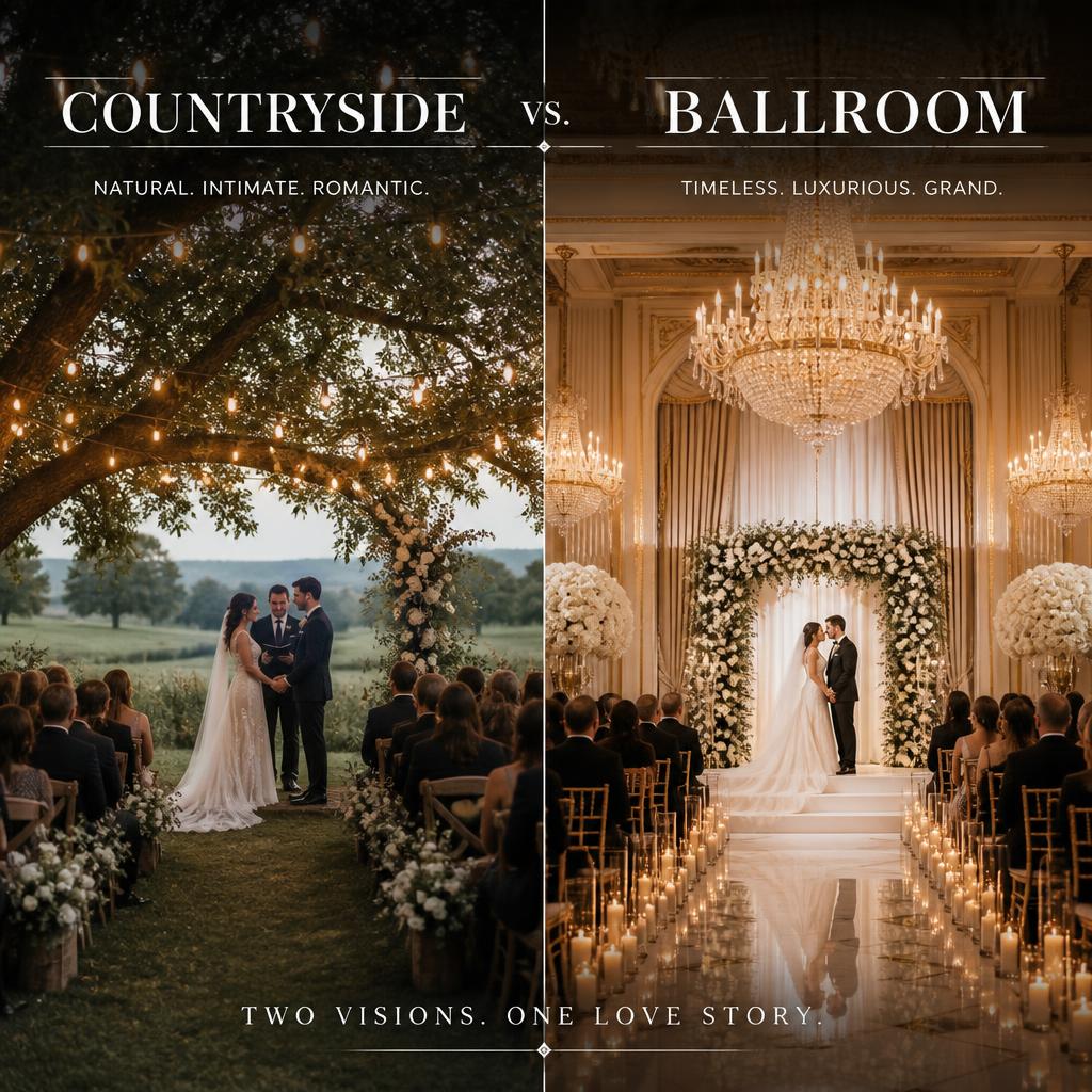 Comparativo visual entre casamento no campo com iluminação natural e casamento em salão de festas com lustres de cristal