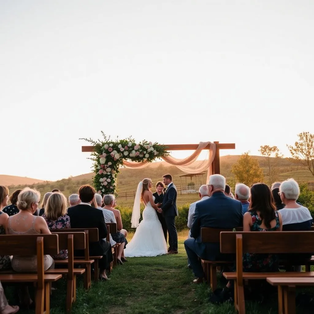 Cerimônia de casamento ao ar livre em fazenda de café no Sul de Minas Gerais com arco de flores e convidados sentados
