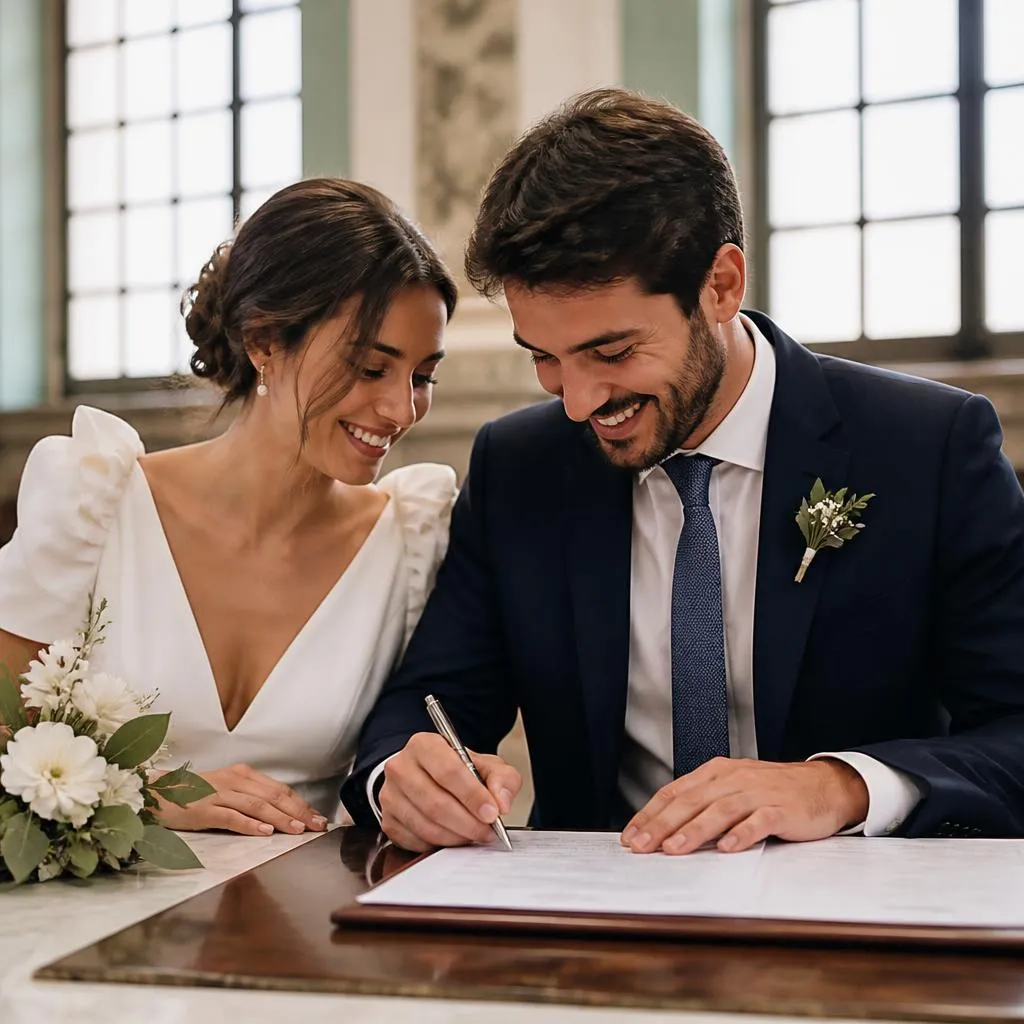 Casal sorrindo assinando o casamento civil em cartório com bouquet ao lado, luz natural pela janela
