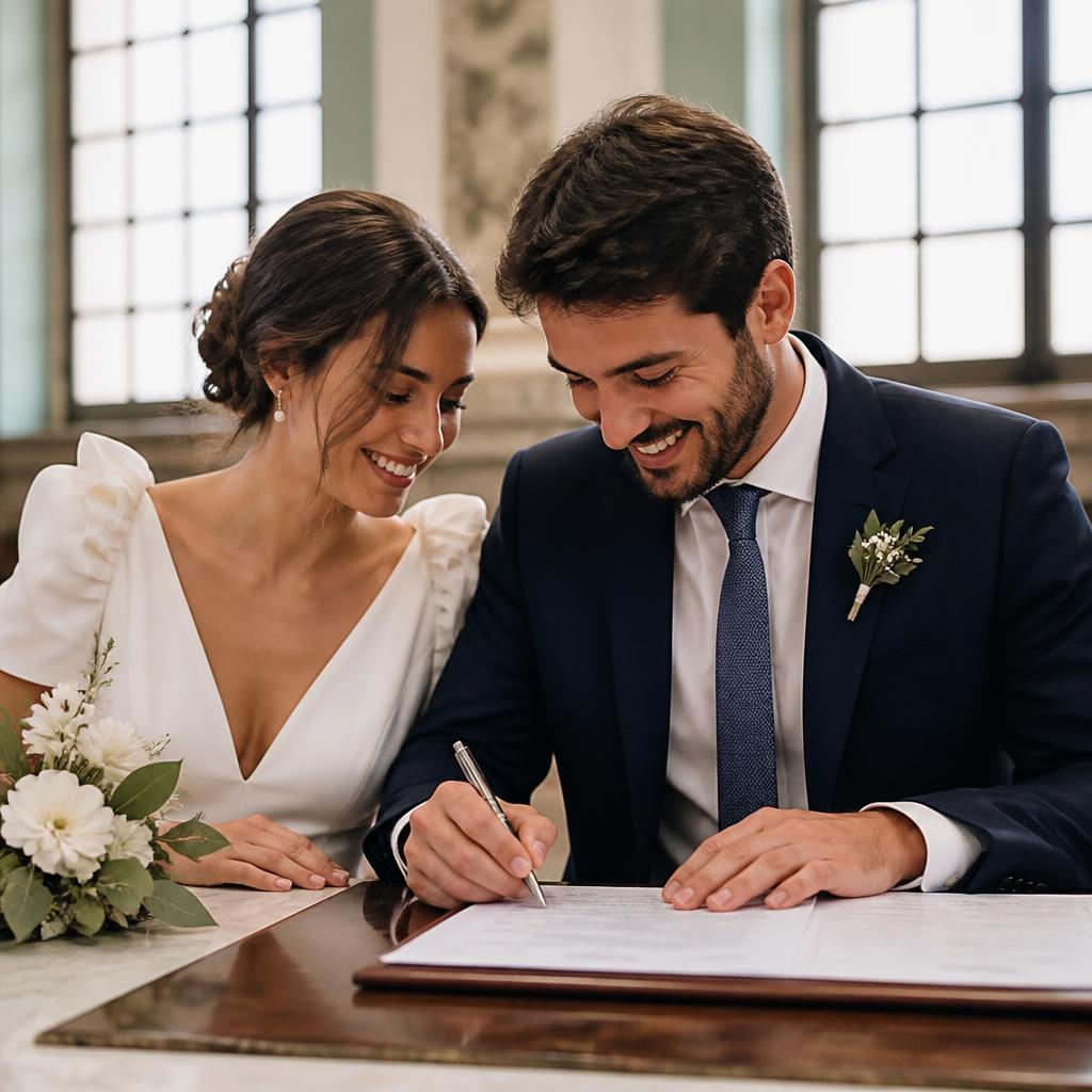 Casal sorrindo assinando o casamento civil em cartório com bouquet ao lado, luz natural pela janela