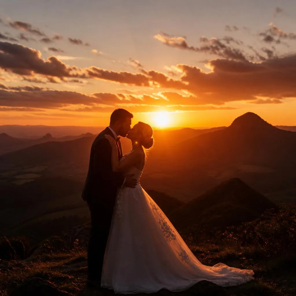 Noivos se beijando durante golden hour ao pôr do sol nas montanhas de Minas Gerais com céu alaranjado