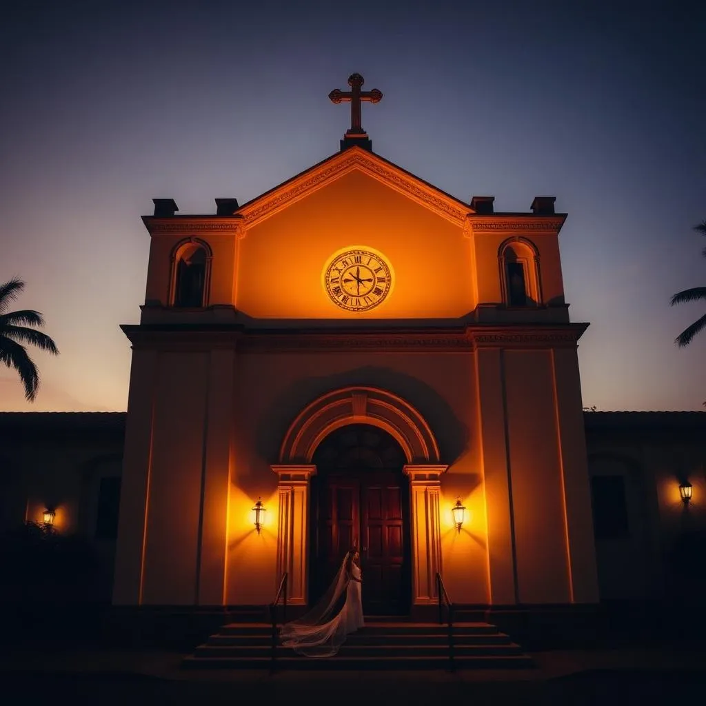 Fachada de igreja histórica iluminada ao entardecer em cidade do Sul de Minas Gerais, com noiva na entrada