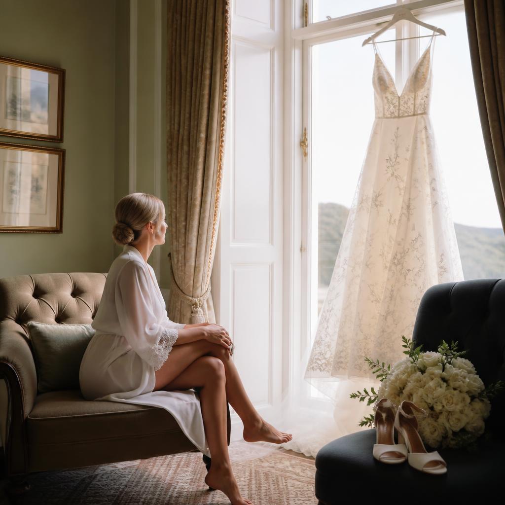 Noiva de robe branco sentada em sofá luxuoso enquanto vestido de casamento pende ao lado da janela com luz natural