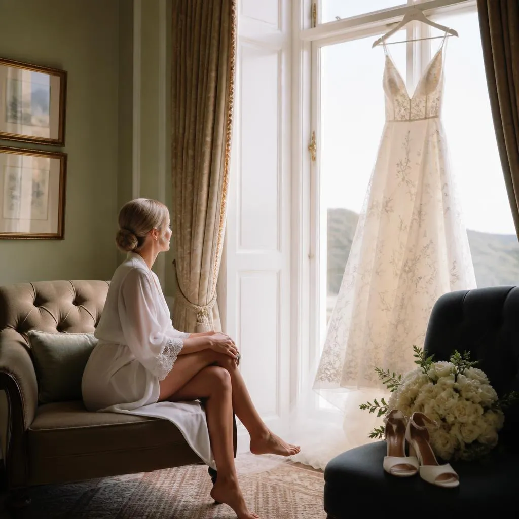 Noiva de robe branco sentada em sofá luxuoso enquanto vestido de casamento pende ao lado da janela com luz natural