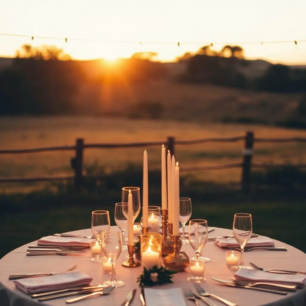 Mesa de recepção de casamento ao pôr do sol em fazenda no Sul de Minas Gerais com velas, taças e luzes pendentes