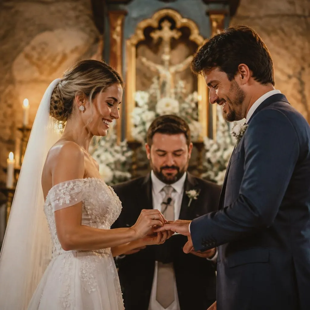 Fotógrafo de casamento profissional em capela histórica de Minas Gerais registrando cerimônia dos noivos ao entardecer