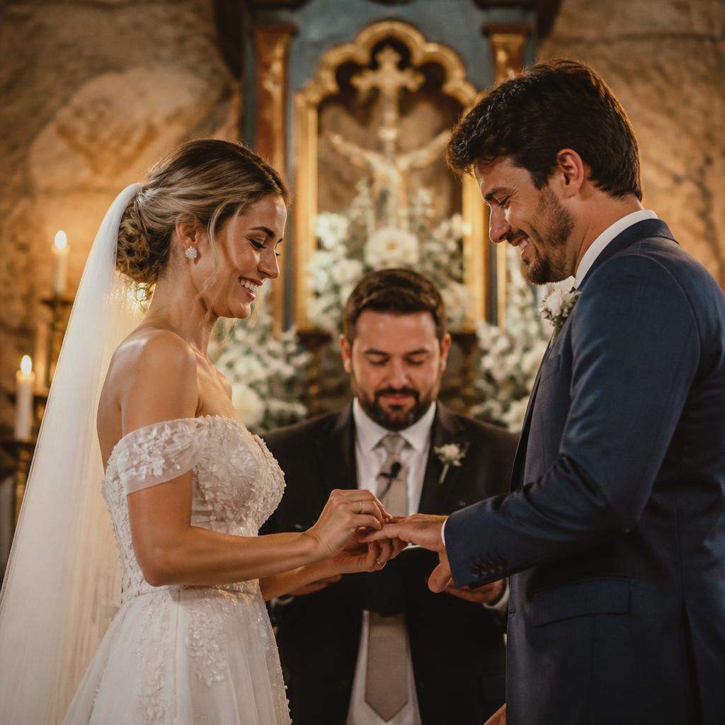 Fotógrafo de casamento registrando troca de alianças em capela colonial de Minas Gerais durante cerimônia