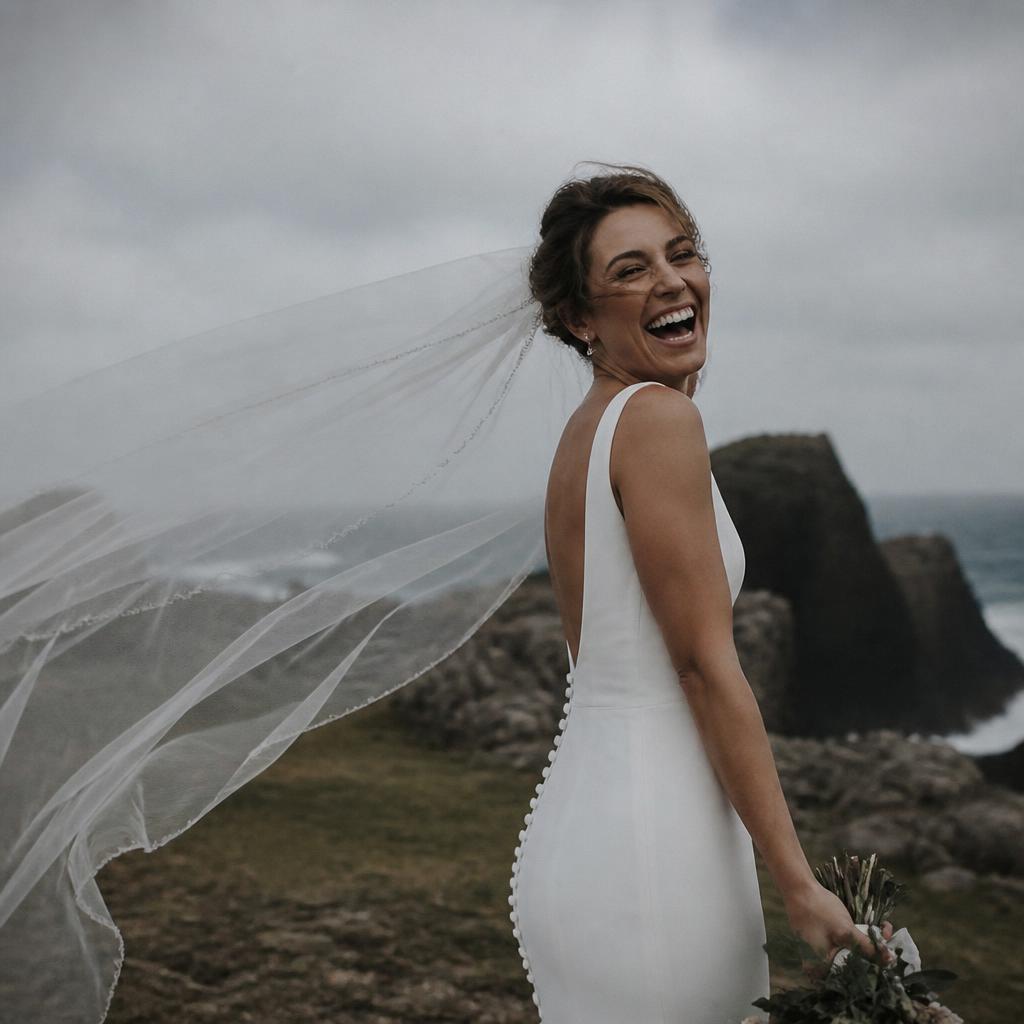 Noiva sorrindo espontaneamente com véu ao vento em paisagem rochosa — estética de fotografia editorial moderna